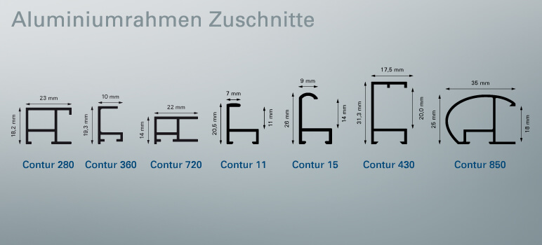 Contur-Zuschnitte-mehrere Profilschnitte Aluminiumrahmen Zuschnitte mit Maßangaben
